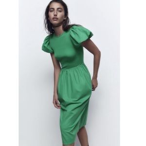 Zara Puff Sleeve Summer Green MIDI Ribbed Cotton Dress size Small New NWT